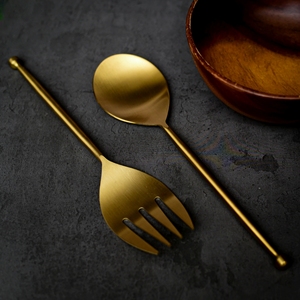 Ensemble de couverts de luxe en acier inoxydable doré mat, avec manche fin et pointe sphérique, pour service de salade, cuillère et fourchette, pour buffet et table de salle à manger - Product Image 1