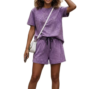 Solid Color Vintage Washed 100% Cotton Breathable Summer T-Shirt Short Sleeve Knee Shorts Set Women's Distressed Button - Product Image 1