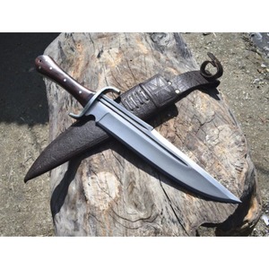 Couteau de chasse Bowie en acier au carbone, lame à pointe tombante, manche en bois, étui en cuir, bord droit, qualité industrielle, OEM - Product Image 1