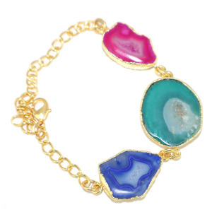 Pulsera de cristal curativo con cadena ajustable chapada en oro de 18 quilates y rodajas de ágata natural Royal Fashion para mujer, venta al por mayor. - Product Image 3