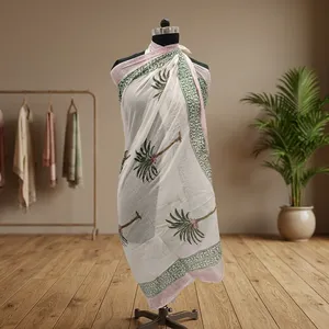 White Hand Block Printed Cotton Sarong with Green Palm Tree Motifs Lightweight Indian <b>Beach</b> <b>Wrap</b> Pareo for Women - Product Image 4