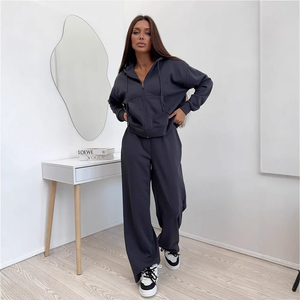 Ensemble de survêtement à capuche 2 pièces pour femme, coupe ample, couleur unie, tricoté en polyester/coton, vêtements de sport décontractés toutes saisons - Product Image 2