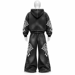 AMSEC INDUSTRY Ensemble de survêtement personnalisé en coton épais délavé à l'acide, style vintage streetwear, avec sweat à capuche imprimé et pantalon de survêtement évasé - Product Image 5