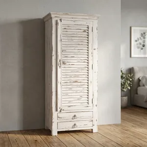 Mueble de Almacenamiento de Madera Blanca Envejecida Estilo Rústico, Armario de Una Puerta y Dos Cajones para Dormitorio - Product Image 3