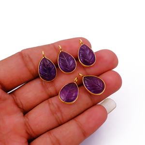 Handmade Gold Plated Brass <b>Necklace</b> with <b>Amethyst</b> Teardrop Charm Pendant Leaf Charms Design <b>Crystal</b> Trendy Jewelry Supplies - Product Image 2