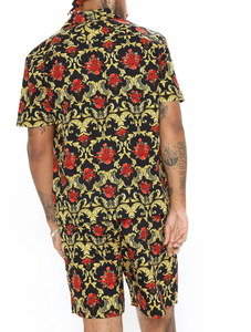 Ensembles 2 pièces en satin pour hommes, style décontracté, avec logo personnalisé, respirants, séchage rapide, imprimé hawaïen, chemise et short tissés – Vente en gros pour l'été - Product Image 3