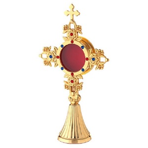 Relicario/Monstrario de Latón con Acabado Dorado Antiguo y Gema Roja en el Centro, Diseño Tradicional para Bautizo y Decoración del Hogar, con Metal - Product Image 1