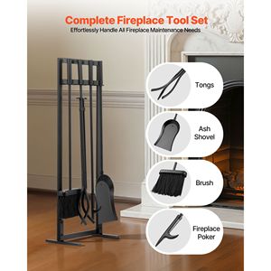 Set di 5 Utensili Moderni in Metallo per Caminetto con Supporto Quadrato, Pinze, Paletta per Cenere, Spazzola e Pala per Braciere in Ferro Battuto - Product Image 2