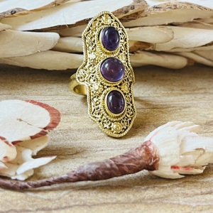 New Arrival Trendy Boho Tribal Amethyst <b>Ring</b> Vintage Brass Jewelry For Women 18K Gold Plated <b>Chunky</b> Statement Wholesale <b>Ring</b> - Product Image 3