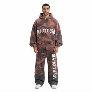Men Rust Black <b>Camouflage</b> Pullover Hoodie <b>Tracksuit</b> Set Oversized Loose Fit Panel Streetwear Custom OEM ODM Wholesale - Product Image 1