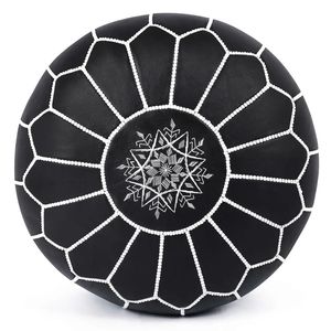 Black Moroccan Leather Adjustable Modern Pouf Ottoman Handmade Embroidered Floor <b>Cushion</b> Decorative Footstool Hotel Apartment - Product Image 2