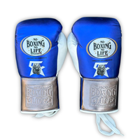 No Boxing No Life Sığır Derisi Deri Boks Eldivenleri Mavi Beyaz Bağcıklı Hızlı Kuruyan Nem Emici Tam Parmaklı Yetişkin Antrenman Eldivenleri