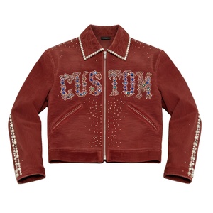IBEX Vintage Washed Corduroy <b>Jacket</b> Pearl Rhinestone Embroidered Zip Up Streetwear Luxury Outerwear for Men - Product Image 1