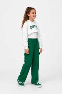 Ensemble survêtement pour filles ONETEN, sweat-shirt à capuche et pantalon cargo, haut blanc, taille élastique verte, tenue décontractée - Product Image 4