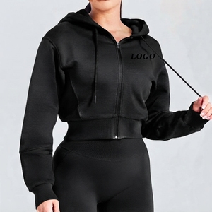 Wholesale Custom 380 500 Gsm Cotton Blank Plain Luxury <b>Cropped</b> <b>Hoodie</b> <b>Women</b> Blank Full Zip up Drawstring Soft Custom Oversize - Product Image 1