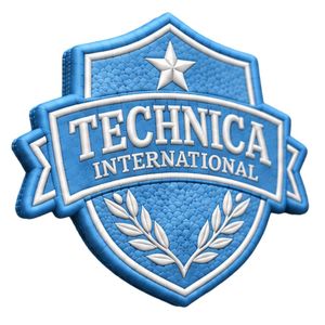 Patch brodé noir et blanc Technica International, badge 3D, logo AppTechnica International, bouclier brodé bleu ciel - Product Image 3
