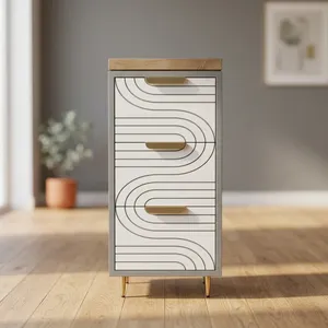Modern 3-Drawer <b>Storage</b> <b>Bathroom</b> Cabinet White Geometric Design Brass Handles Minimalist Style Freestanding <b>Unit</b> - Product Image 4
