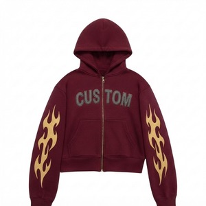Custom Maroon Hoodie Gold <b>Flame</b> Sleeves Rhinestone Zippered Front Pocket Oversized Crop Fit Unisex Streetwear Knitted Fabric - Product Image 1