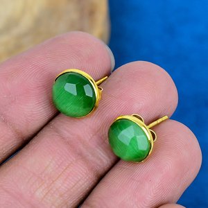 Natural Green Monalisa Quartz Round Shape Gemstone <b>Stud</b> Earring 18k Gold Micron Over 925 <b>Sterling</b> <b>Silver</b> - Product Image 2