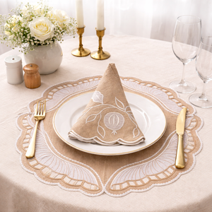 Luxury Linen Embroidered Scallop Edge <b>Table</b> Napkin and Placemat <b>Set</b> Handmade Elegant <b>Dining</b> <b>Table</b> Decor for Wedding Hotel - Product Image 1