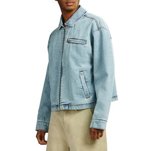 Men's Acid Wash Denim Work Jacket Casual Zipper Front Turn-<b>Down</b> Collar Streetwear Cotton Vintage Canvas Jacket - Product Image 4