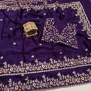 Sari Amarillo de Diseñador en Seda Chinon Suave y Pesada para Bodas, Fiestas, Ropa Étnica para Mujer con Blusa Elegante Exclusiva - Product Image 2