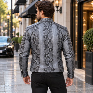 Mens Embossed Silk Lining Breathable Winter Python Print Genuine Leather <b>Biker</b> <b>Jacket</b> - Product Image 5