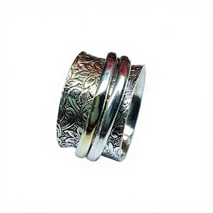 Anillo Giratorio de Plata de Ley 925 de Dos Tonos, Anillo Antiestrés para Meditación, Estilo Clásico con Bisel, Regalo de Boda o Aniversario - Product Image 1