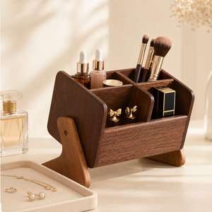Wood Makeup Organizer With 4 Compartments For Cosmetic Storage Elegant Desktop Holder For Brushes <b>Lipstick</b> And Skincare Bottles - Product Image 1
