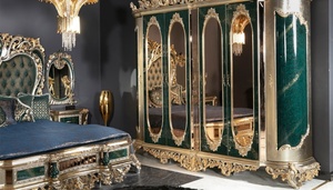 Ensemble de chambre à coucher de luxe en bois de teck massif vert émeraude, style mi-siècle, adapté aux appartements, avec sculptures dorées royales, lit Queen/California - Product Image 5
