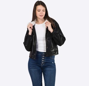 Motorcycle Jacket Warm Wholesale <b>Women's</b> <b>Black</b> Embossed PU Leather Jackets Long Sleeve Heavy Work Button up Lapel <b>Coats</b> - Product Image 3