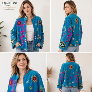 เสื้อแจ็คเก็ตกำมะหยี่ปักลาย ZikZik สำหรับทุกเพศ สวมใส่สบาย พร้อมลวดลายดอกไม้สีสันสดใสและลวดลายนามธรรม เหมาะสำหรับใส่ทำงานและแฟชั่น - Product Image 3