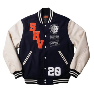 <b>Men's</b> Black <b>White</b> Genuine Leather Shell Windproof Winter Varsity <b>Jacket</b> 220g Cotton Lining Embroidery Single Button Closure - Product Image 3