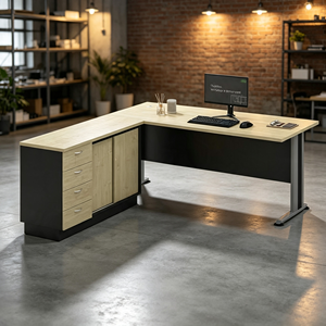 Bureau de direction moderne en forme de L avec armoire de rangement, plateau en mélaminé aggloméré, pour usage hospitalier et commercial - Product Image 2