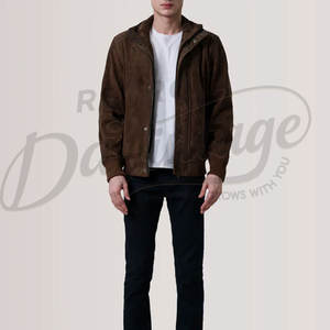 Veste en daim marron foncé pour homme, en véritable peau de mouton, style moto décontracté, coupe ajustée, avec poignets et ourlet côtelés - Product Image 5
