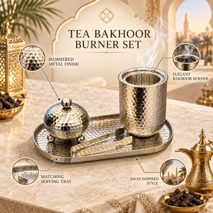 Ensemble de brûleurs à bakhoor en acier inoxydable martelé |   Porte-encens Oud Arabe avec plateau de service et pinces, décoration islamique pour la maison et le Majlis - Product Image 5