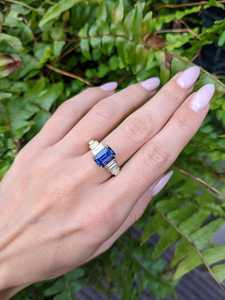 Blue Sapphire Emerald Cut Moissanite Gemstone Five Stone <b>Ring</b> For Unisex original 925 Silver For Bridal Surprise Gift Her - Product Image 3