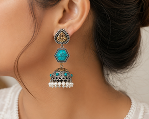 Pendientes Colgantes de Plata Oxidada Hechos a Mano con Bisel de Flor Bohemia, Turquesa, Perlas y Latón para Mujer - Venta al por Mayor - Product Image 6