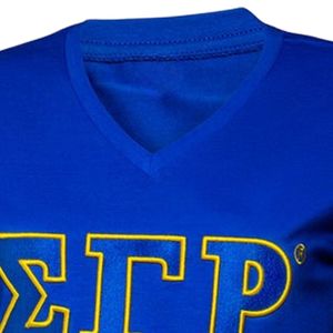Sigma Gamma Rho Embroidered Luxury <b>T</b>-<b>Shirt</b> <b>Women</b> <b>V</b> <b>Neck</b> Short Sleeve Custom Greek Letter Sorority Tee Royal Blue Gold Casual - Product Image 5