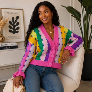 HMR Sisterhood Sorority Cardigan en acrylique tricoté à col en V, motif géométrique couleur bonbon, manches à volants, haut décontracté - Product Image 3
