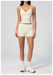 Cream Two Piece Yoga Set Halter <b>Crop</b> <b>Top</b> High Waist Shorts Contrast Stitch Seamless Breathable Spandex Polyester - Product Image 4