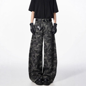 Vintage Hip Hop Camouflage Patchwork <b>Jeans</b> Woolen Fabric Button Detail Mid Waist Casual Pants Eco-Friendly Winter Spring - Product Image 1