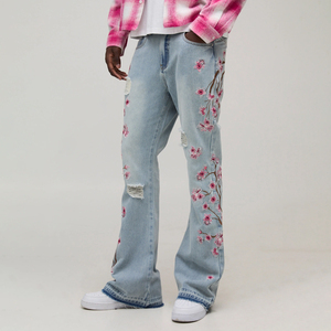 Floral <b>Embroider</b> Distressed Flared <b>Jean</b> for Men Streetwear Mid Waist Denim Pant Light Washed Relaxed Fit Ripped Men's <b>Jeans</b> - Product Image 1