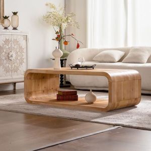 Table basse moderne élégante en bois clair courbé avec rangement ouvert et design à structure ouverte pour salons contemporains - Product Image 4