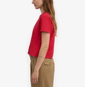 T-shirt court ample à col rond et manches courtes pour femme, rouge écarlate uni, décontracté, doux, 100 % coton, coupe ample S/J, toutes saisons - Product Image 3