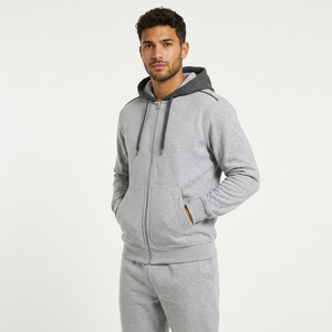 Chándal unisex gris con capucha, sudadera con cremallera completa y bolsillos laterales, y pantalones a juego, ropa informal de otoño, 100% algodón - Product Image 5