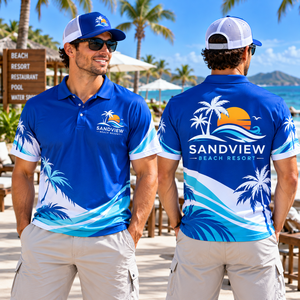 เสื้อพนักงานชายหาดชายสำหรับโรงแรมสไตล์ทรอปิคอล ผ้าฝ้าย 100% แขนสั้น สกรีนโลโก้ได้ ชุดทำงานรีสอร์ทสำหรับวันหยุดพักผ่อน - Product Image 1