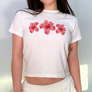 Wholesale Women's Tee Crop Short T-Shirt for Girls Custom Logo Printing Hibiscus Flower Beach Shirt Printed Summer - Product Image 4