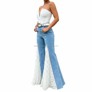 Elegant Breathable Y2K Casual White Lace Patchwork Denim Flare Pants Women High Stretch Retro <b>Bell</b> Bottom Wholesale OEM/ODM - Product Image 6