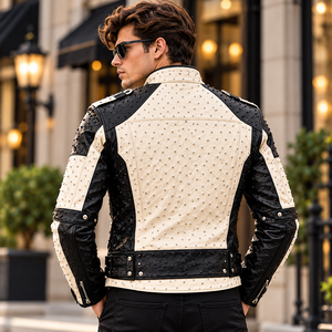 Chaqueta de Motero de Cuero con Tachuelas para Hombre, Estilo Invernal |   Cuello alto, múltiples bolsillos y forro de seda premium - Product Image 5